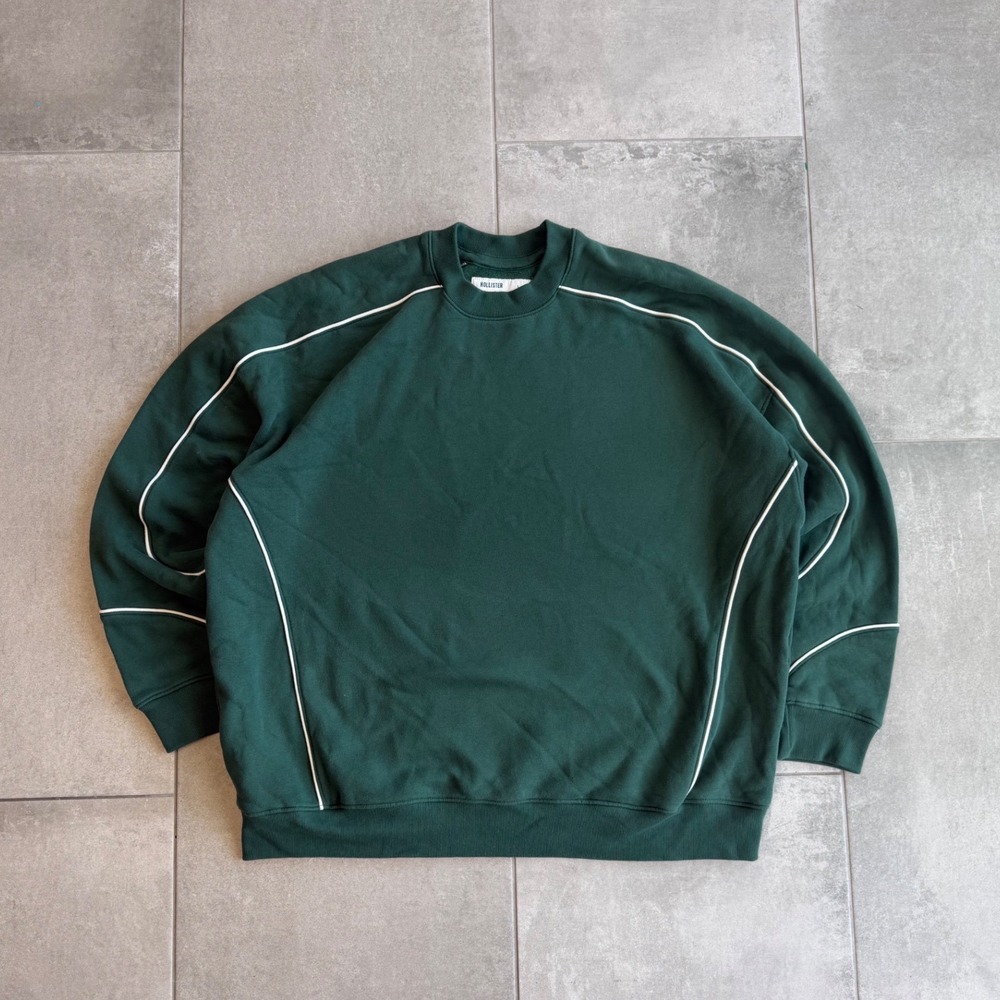 Hollister Mens Baggy Fit Crewneck Sweatshirt Green White Piping Size L